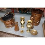 A copper coal bucket  , copper lampshade and other metalware