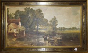 English School (20th Century) Horse and cart in river with mill and fisherman Oil on board Unsigned