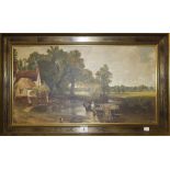 English School (20th Century) Horse and cart in river with mill and fisherman Oil on board Unsigned