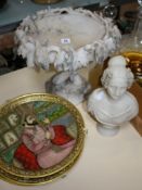 An alabaster centrepiece  , a bust of a lady and three Indian decorative platters
