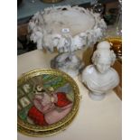 An alabaster centrepiece  , a bust of a lady and three Indian decorative platters