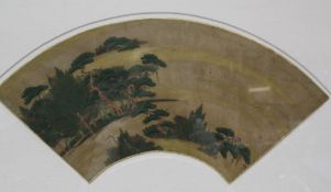 Japanese School  'Shikishi Landscape'  Painting on Rice Paper, fan shaped Labelled to reverse '