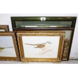 Three watercolours of birds signed Paul Tebay  , a quantity of prints, two frames and a mirror