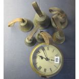 An Interlocked Six in Hand Bell set   with leather handles and   a brass cased Smiths Empire marine