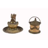 A Continental gilt metal encrier  , first quarter 19th century, the inkwell in the form of a squat