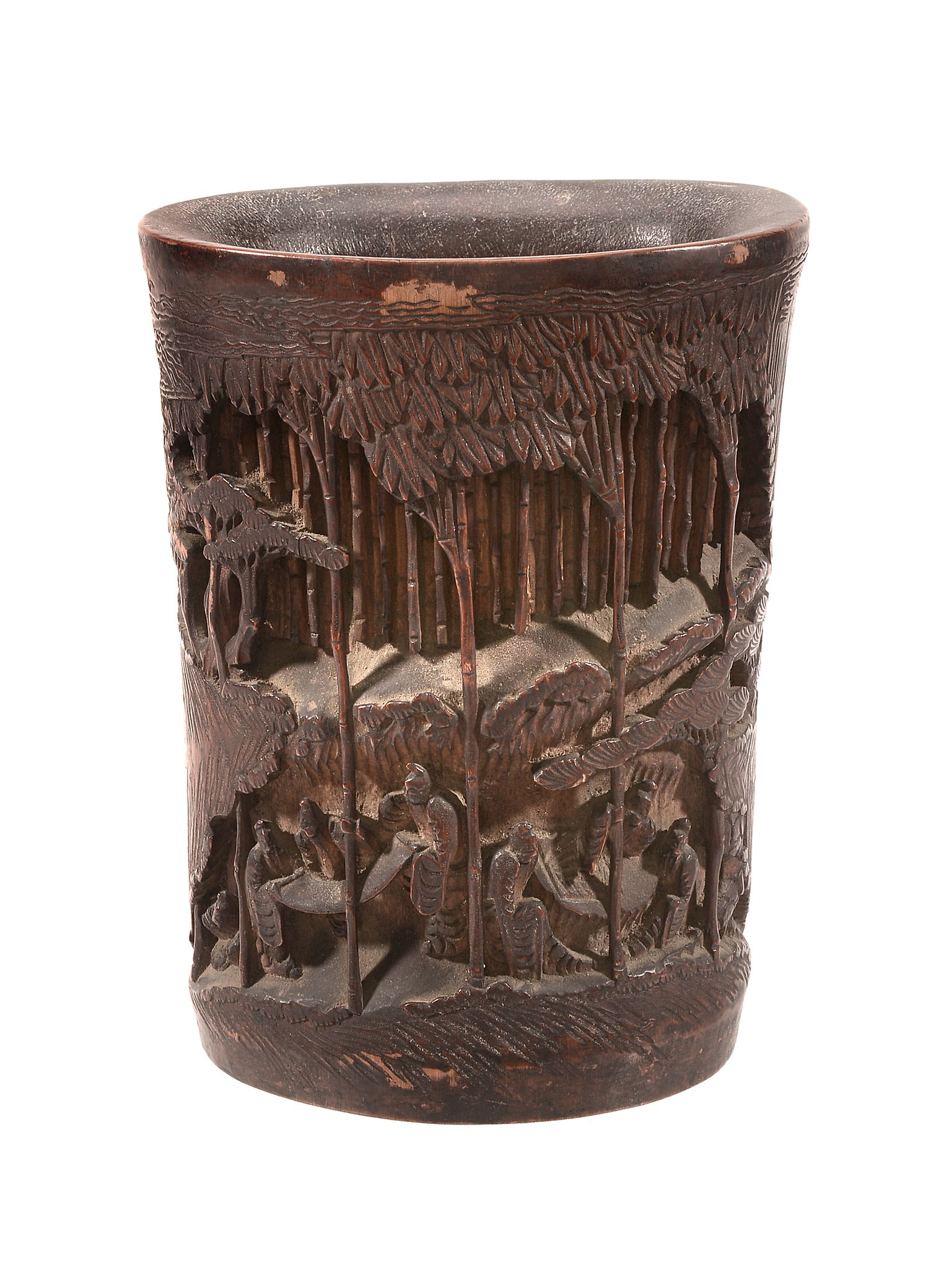 A Chinese bamboo brush pot depicting the 'Seven Sages of the Bamboo Grove' A Chinese bamboo brush