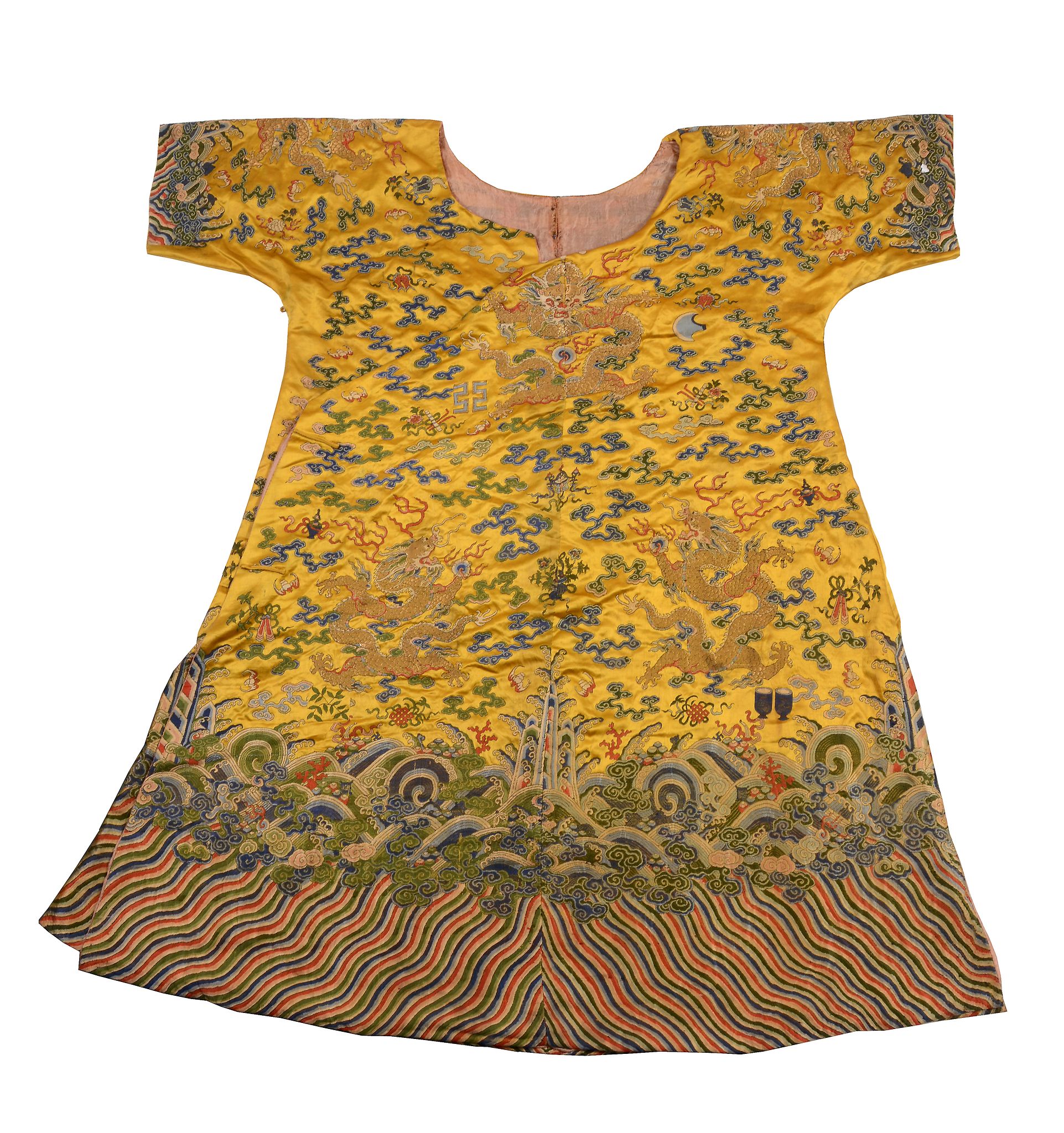 A yellow silk brocade 'dragon' robe, probably 19th century A yellow silk brocade 'dragon' robe,