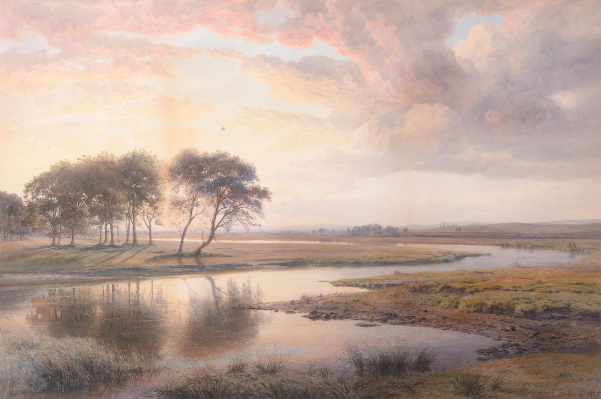 Henry Albert Hartland (1840-1893) - Sunset on The Shannon, with the Round Tower at the ruins of