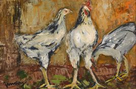 Jean Vinay (1901-1978) - Poulettes et poulet Oil on canvas laid on board Signed lower left Title and