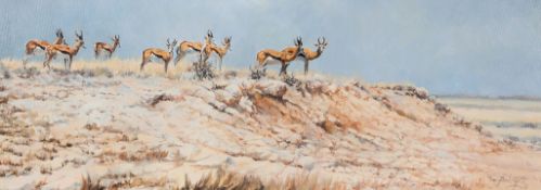 Paul Apps (b.1958) - Antelopes Oil on canvas Signed at lower right 31 x 81 cm., (12 1/4 x 31 3/4 in)