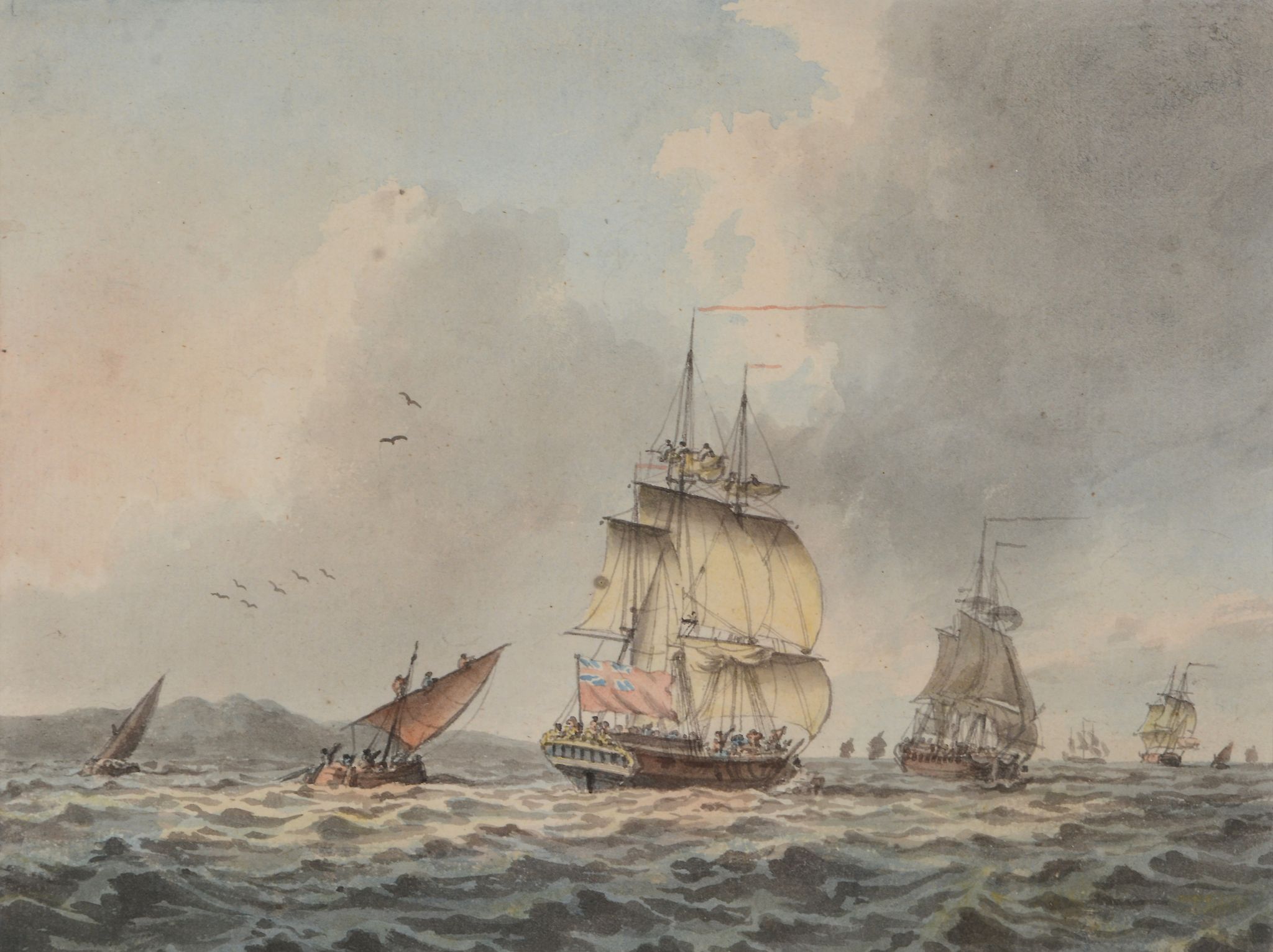 Robert Cleveley (1747-1809) - A squadron off of the coast; Man-o'war in a calm A pair, point of - Image 7 of 7
