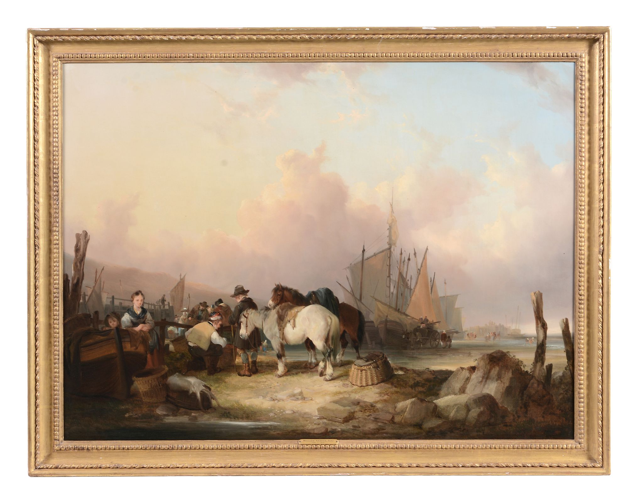 William Shayer the Elder (1787-1879) - Coastal scene with figures and ponies, fishing vessels moored - Image 3 of 3