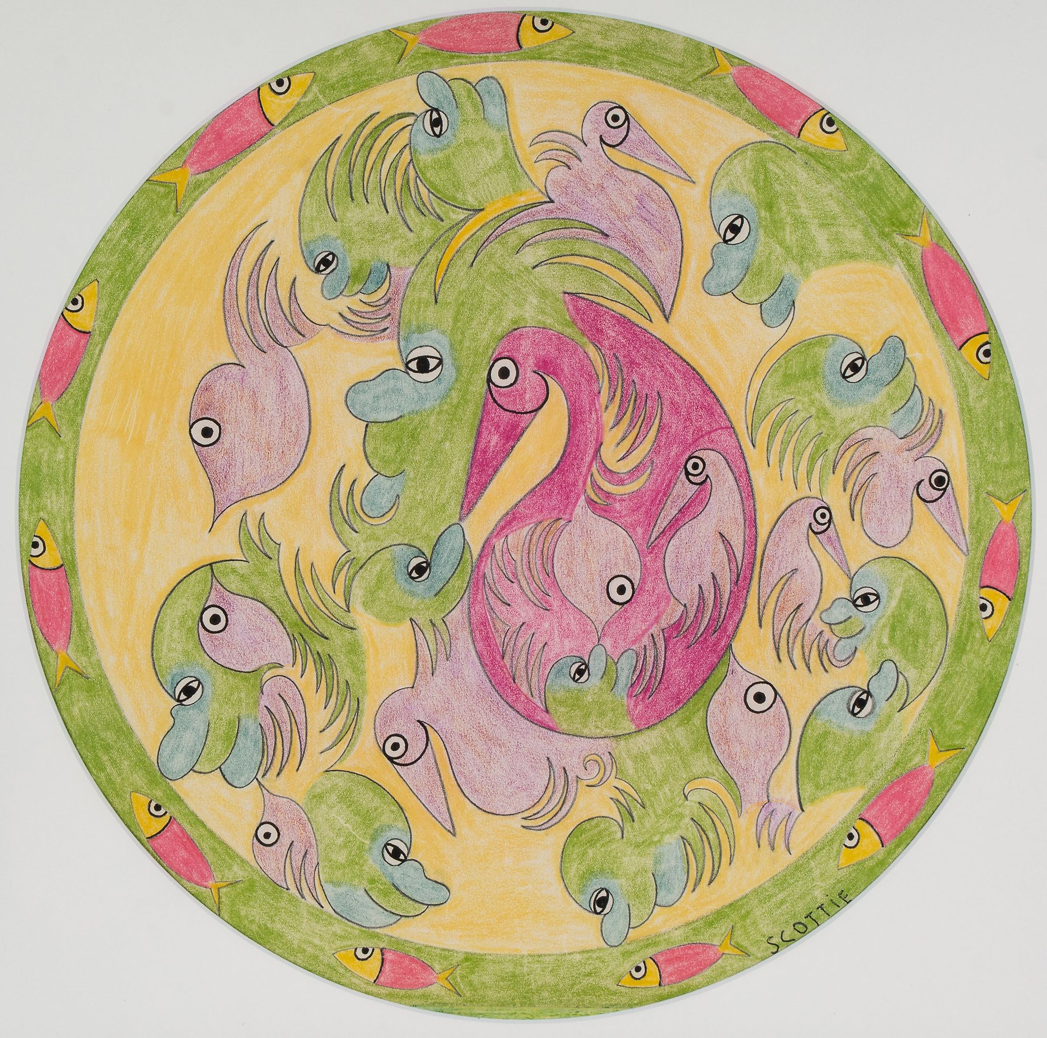 Scottie Wilson (1889-1972) - Untitled (Circular abstract design) pencil and coloured crayon,