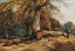 English School (19th Century) - Solitary gentleman in a wooded landscape Watercolour over