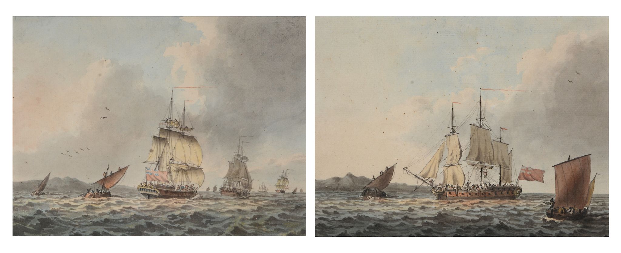 Robert Cleveley (1747-1809) - A squadron off of the coast; Man-o'war in a calm A pair, point of