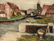 Ginette Rapp (1928-1998) - A canal scene in Enkhuizen, Holland Oil on canvas Signed lower left Title