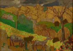 Grégoire Michonze (1902-1982) - Goats grazing on a hilly landscape with farmyard buildings beyond