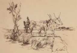 Giovanni Fattori (1825-1908) - Longhorn cattle and mounted herdsman in an Italian landscape Pen