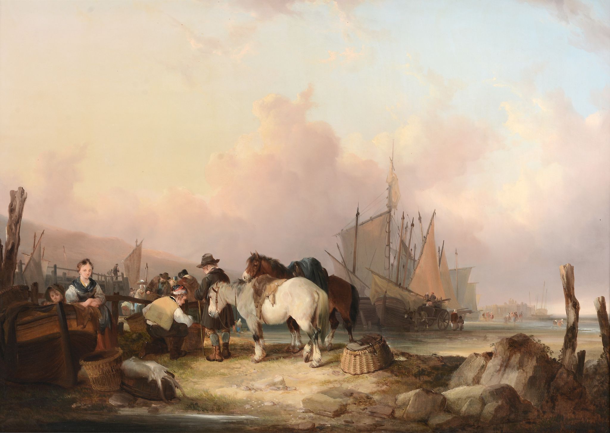 William Shayer the Elder (1787-1879) - Coastal scene with figures and ponies, fishing vessels moored