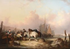 William Shayer the Elder (1787-1879) - Coastal scene with figures and ponies, fishing vessels moored