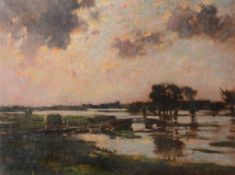 Bertram Priestman, R.A. (1868 - 1951) - Landscape with flooded fields, near Wareham Oil on canvas