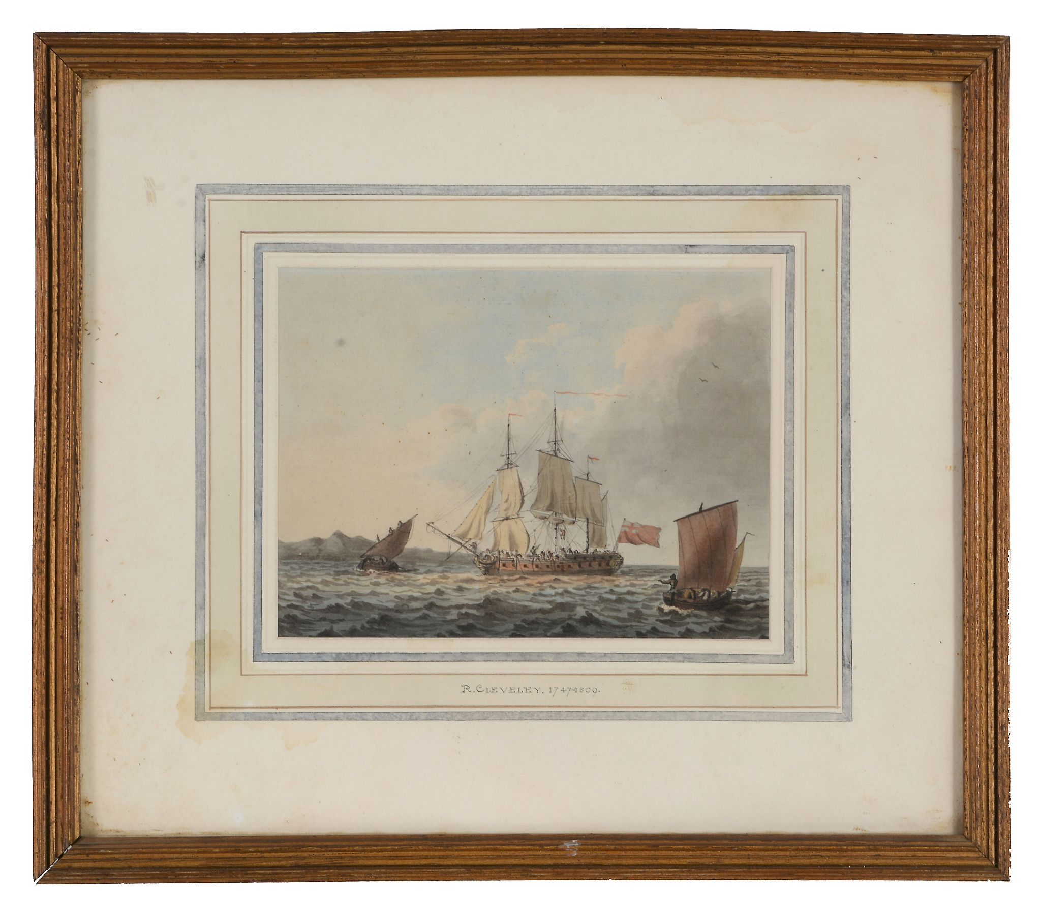 Robert Cleveley (1747-1809) - A squadron off of the coast; Man-o'war in a calm A pair, point of - Image 5 of 7