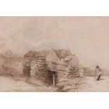 Attributed to David Cox the Elder (1783-1859) - Cottage in Wales with peasant lady Pen and brown