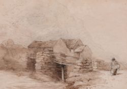 Attributed to David Cox the Elder (1783-1859) - Cottage in Wales with peasant lady Pen and brown