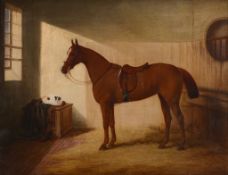 Edwin Brown (1814-1891) - A chestnut horse in a stable with a cat sleeping in the sun Oil on