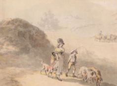 Peter La Cave (1769-1811) - Young boy driving pigs with a lady and a dog Pen, ink and watercolour
