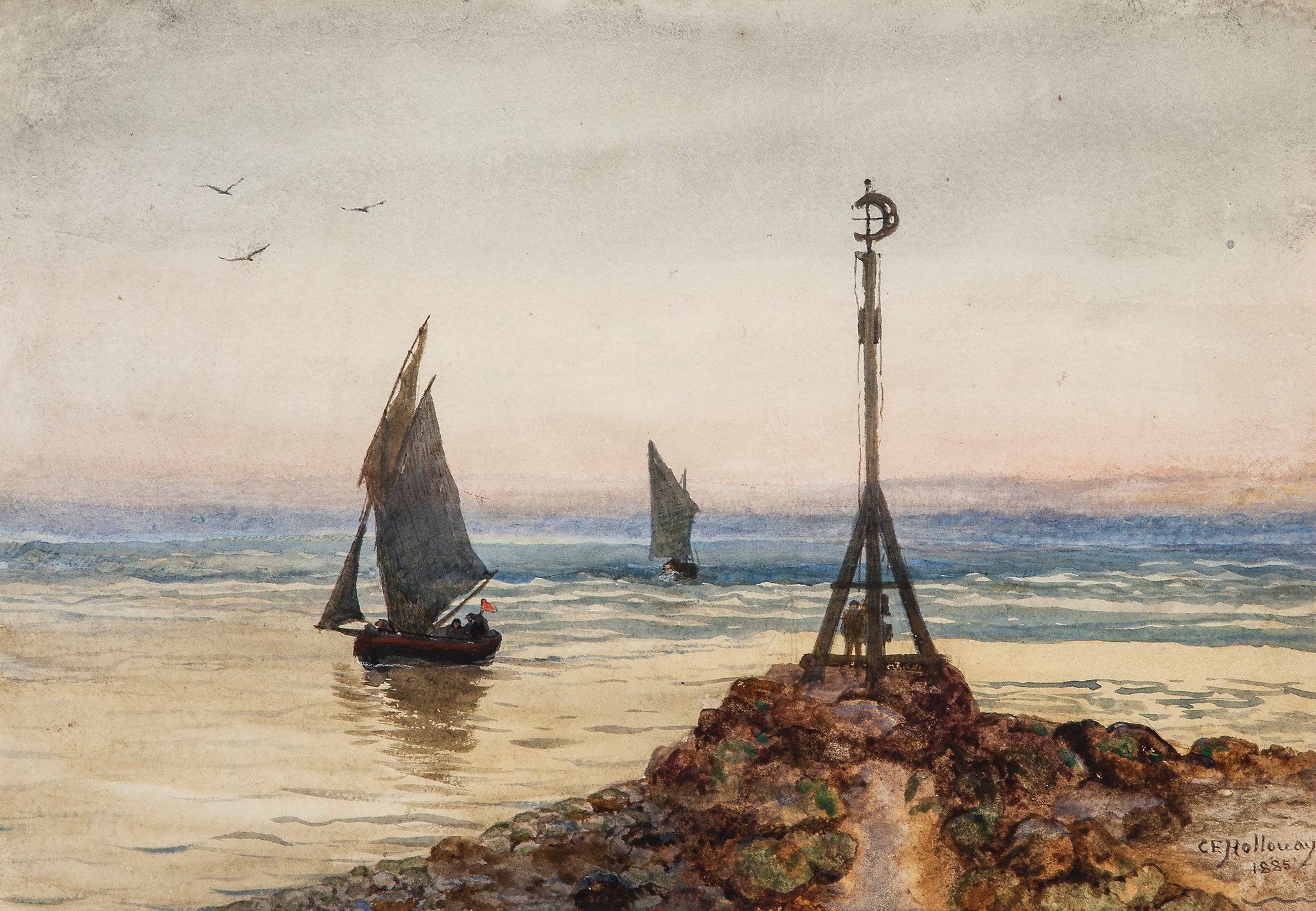 Charles Edward Holloway (1838-1897) - Sailing Boats off shore Watercolour and bodycolour over traces