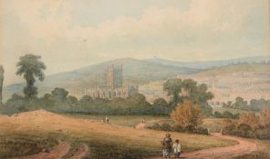 English School (early 19th century) - A view of Bath Abbey and the city Watercolour over graphite