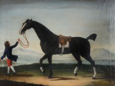 Manner of John Wootton (1682-1764) - A black horse held by a groom; Gentleman on horseback A pair,