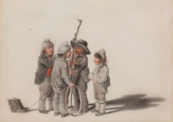 Follower of Gottfried Mind (1768-1814) - Young boys with a hoop, scarf and toy cannon Watercolour,