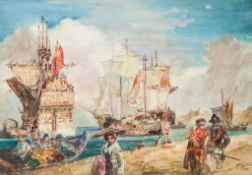Attributed to Sir Frank Brangwyn (1867-1956) - Galleons at anchor Watercolour and bodycolour over