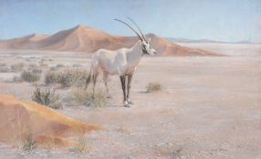 Robert McLellan Bateman (b.1930) - Arabian Oryx Oil on canvas Signed lower right 46 x 75 cm. (18 1/8