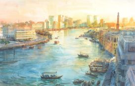 Alexander Cresswell (b.1957) - Dubai, the Creek from the HSBC building Watercolour over graphite,