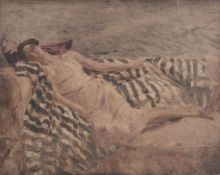 Follower of Walter Sickert (1860-1942) - A young lady reclining on a sofa Oil on panel Bears