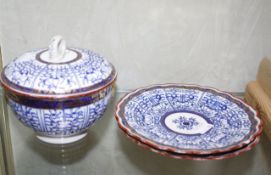 'Royal Lily' pattern sucrier   and two plates, with blue crescent to base of plates (3) (af)