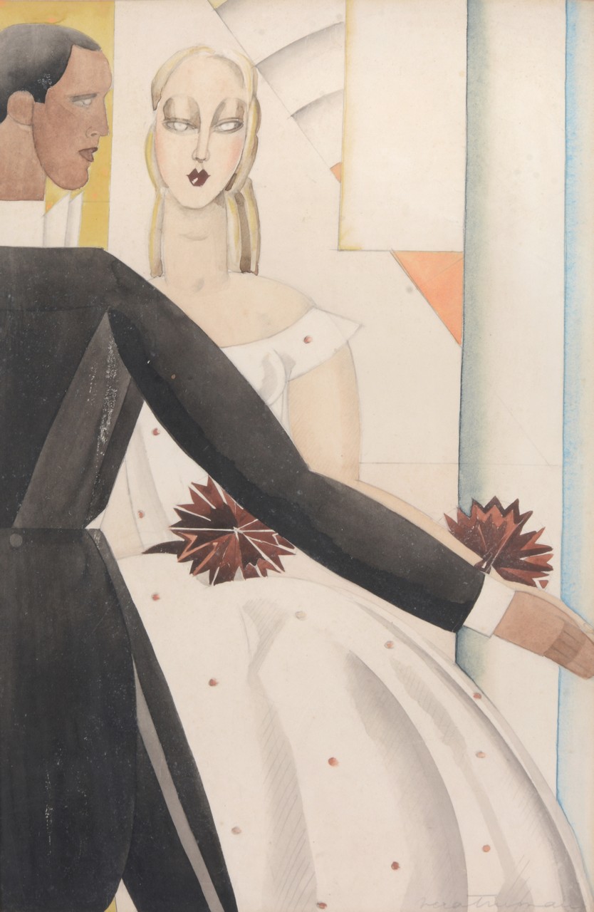 English School (c.1930s) A couple dancing and a couple shopping Watercolour drawings One signed
