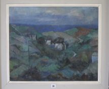 June Miles (British, b.1924) 'Nan Julian Farm' Oil on canvas Labelled to reverse 49.5cm x 59cm