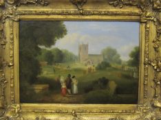 English School (late 19th/ early 20th Century) Gathering in a church yard Oil on canvas Unsigned