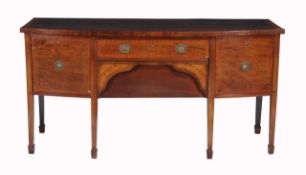 A George III and later mahogany bowfront sideboard,   circa 1800, the satinwood crossbanded top,