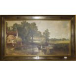 English School (20th Century) Horse and cart in river with mill and fisherman Oil on board Unsigned