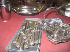 A quantity of silverplate   to include flatware, four piece tea set and napkin rings etc