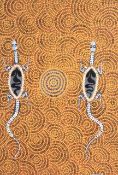 An Aboriginal artwork,   titled 'Dreamtime Goanna's at a water hole' to reverse and  signed B.