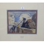 Joseph Edward Slater (1902-1994) Workmen on quayside, Looe, Cornwall Watercolour 23cm x 29cm