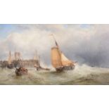James Webb (1825-1895) Fishing boats in a squall by a jetty Oil on canvas Unsigned 44cm x 80cm