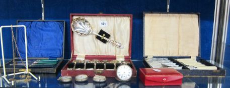 Four silver pocket watches  , a 9ct gold chain and three cased sets of silver plated flatware