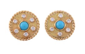 A pair of turquoise and diamond ear clips by Cartier  A pair of turquoise and diamond ear clips by